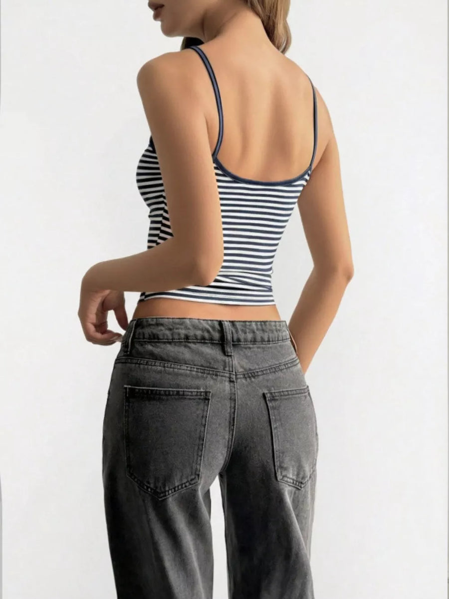 Blue and white striped fitted cami top with navy trim.
