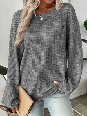 Space-Dyed Long Sleeve Waffle-Knit Top in Blue with waffle-knit