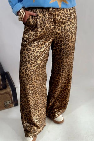 golden brown wide-leg pants with leopard-print and N/A