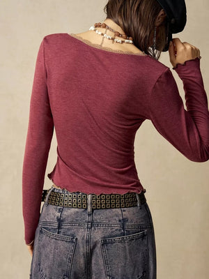 Lace Detail Long Sleeve T-shirt in Burgundy with lace trim