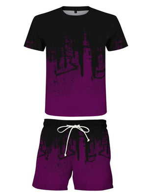 Plum purple and black graphic tee and shorts set with abstract paint splatter design and white drawstring.