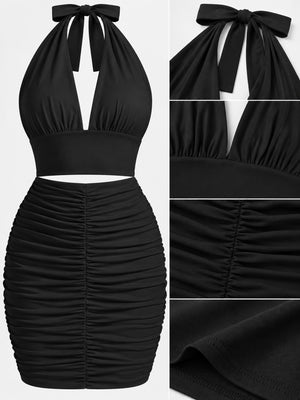 Halter Crop Top And Ruched Mini Skirt Set in White with ruched