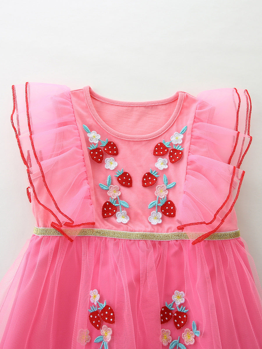 Pink toddler tulle dress with embroidered strawberries and flowers, flutter sleeves.