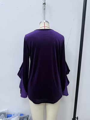 Velvet Round Neck Ruffle Sleeve Top in Plum Purple