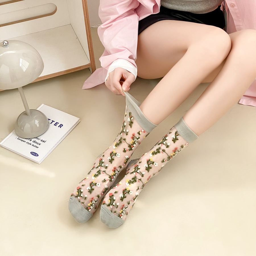 Multicolor socks featuring sheer and ditsy floral