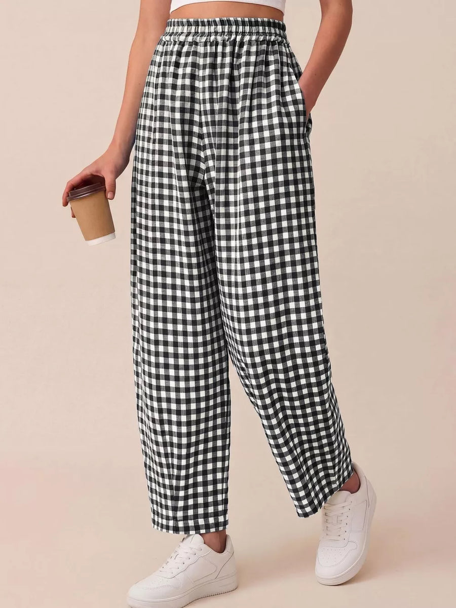 white wide-leg pants featuring pocketed and gingham