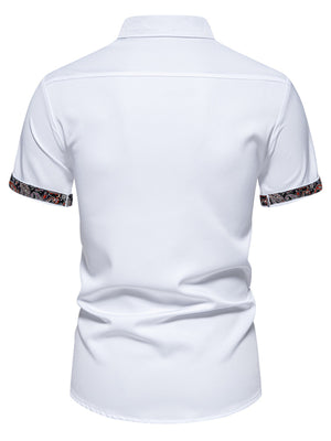 White short sleeve shirt with paisley trim on sleeves, cotton blend, curved hem