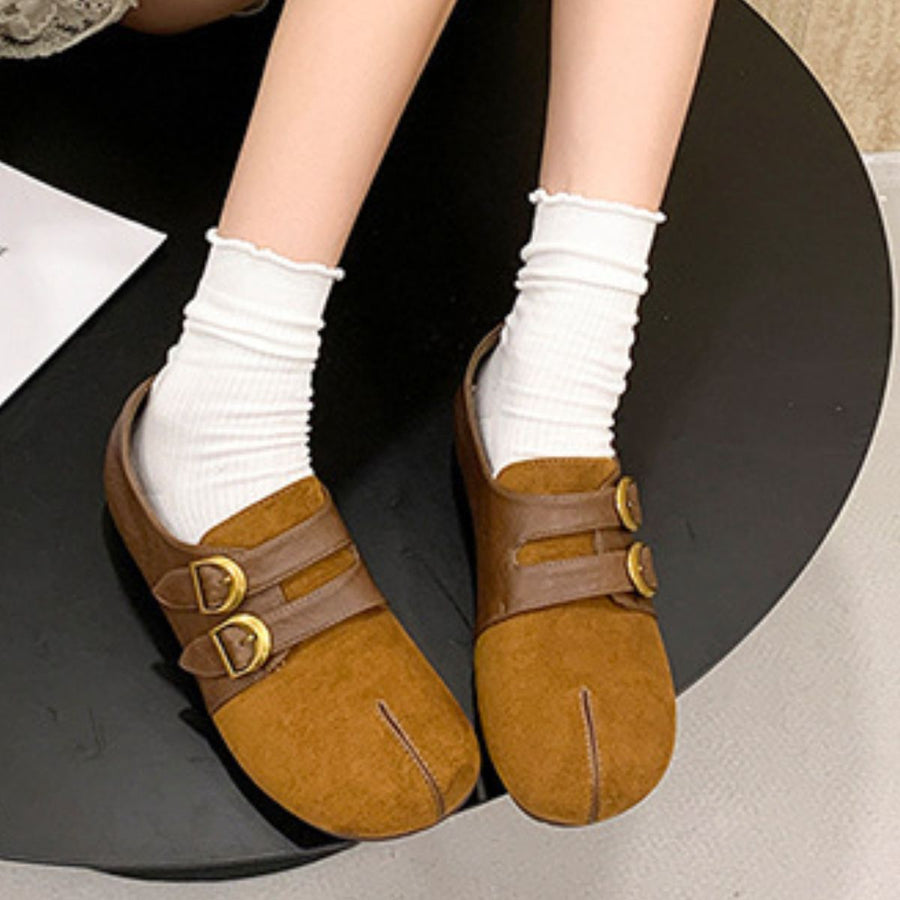 Split Toe Double Buckle Slip-Ons in Coffee Brown with split toe