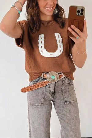 pullover sweater in Caramel with graphic and stretch