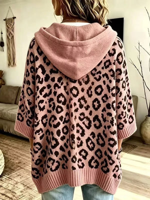 Drawstring Leopard Hooded Sweater in Purple