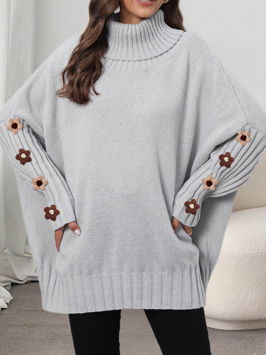 Oversized Turtleneck Sweater With Floral Sleeves in Military Green with ribbed