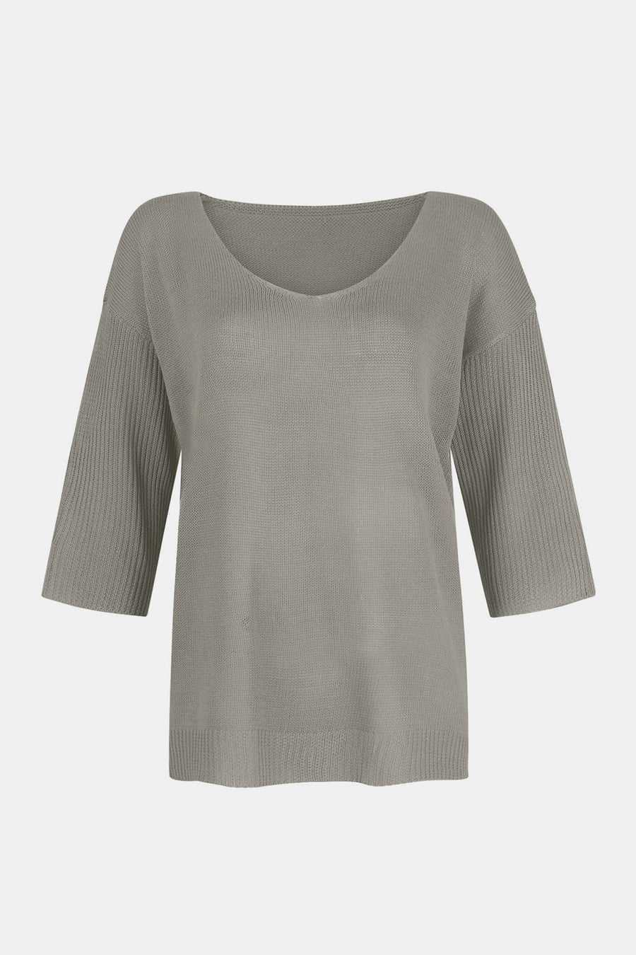 Gray knit sweater with V-neck and flared 3/4 sleeves.