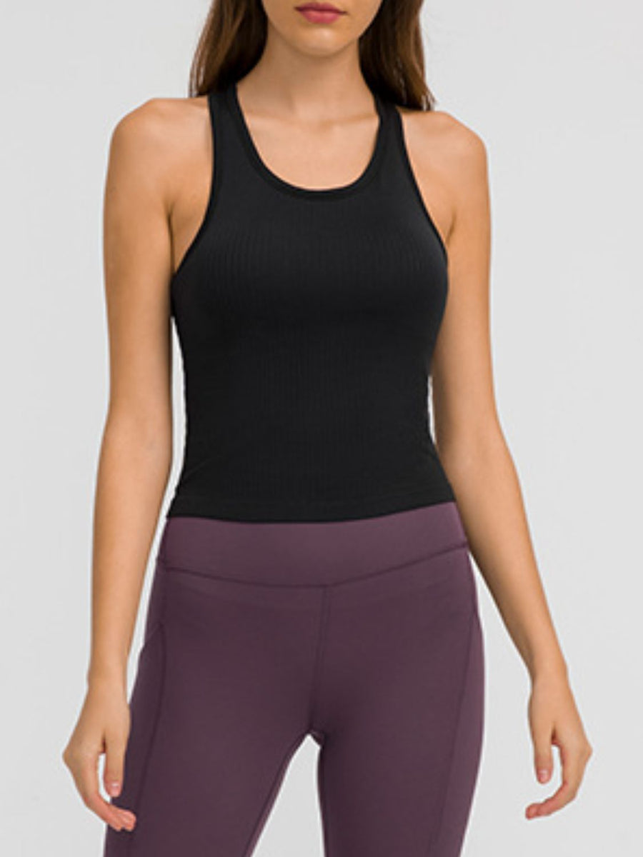 Black ribbed racerback performance tank top with a U-neckline