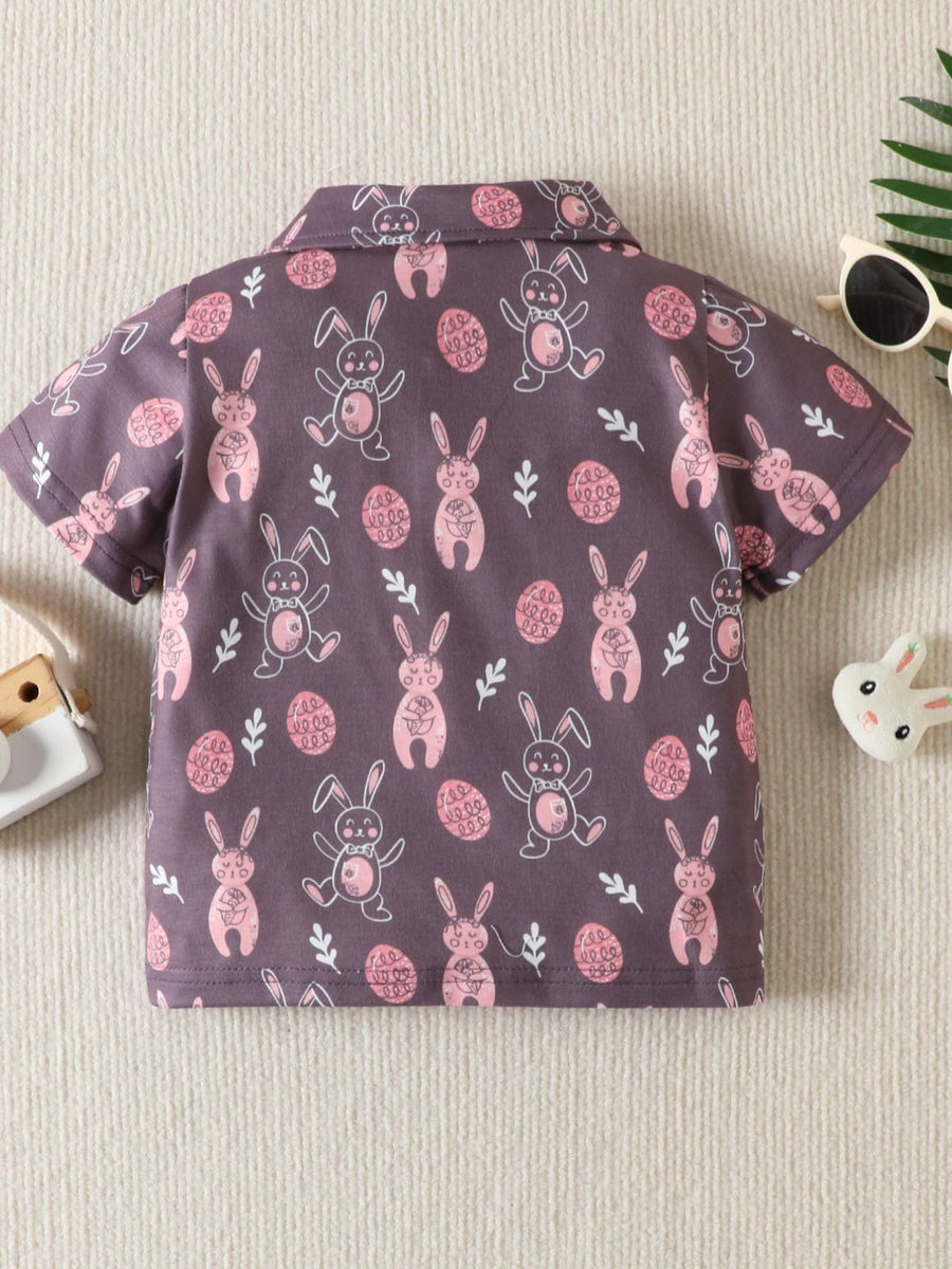 Baby short-sleeve shirt with allover bunny and Easter egg print.