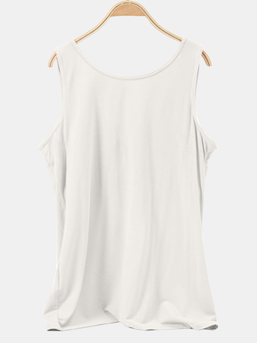 White scoop neck tank top with a relaxed fit.