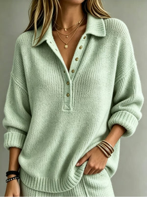 Full Size Button Detail Dropped Shoulder Sweater in Red with ribbed