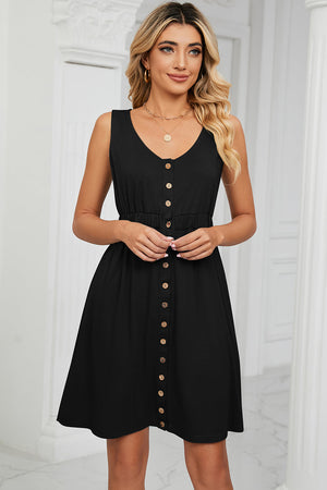 Black button-down a-line summer dress with a V-neck and elastic waist