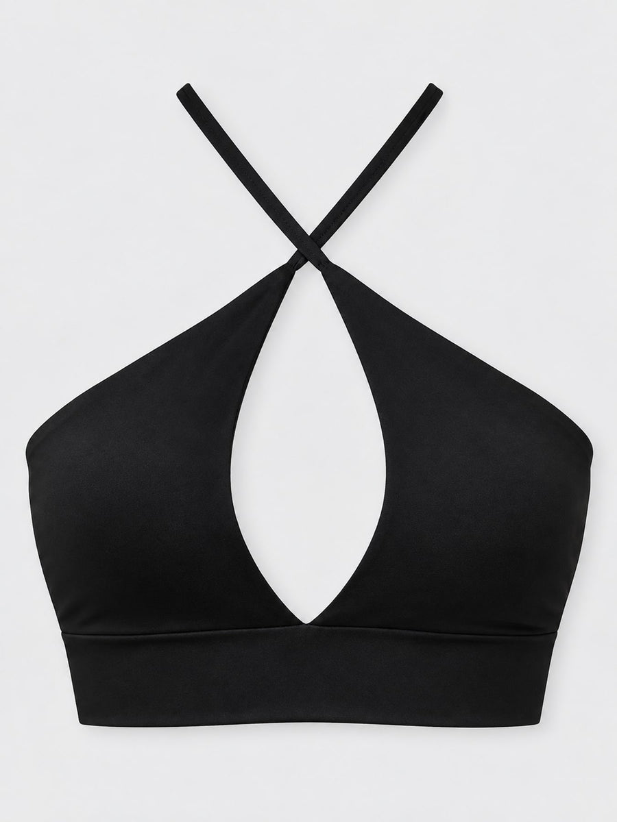 At least 95% polyester with spandex halter top in Pea Green with fitted silhouette