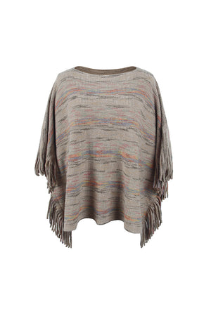 Multicolor knit poncho with fringe details and a boat neck.