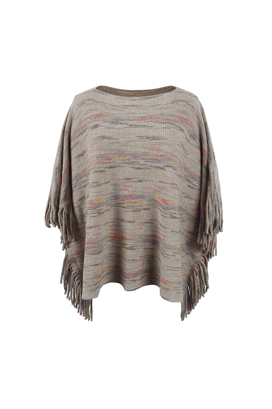 Multicolor knit poncho with fringe details and a boat neck.