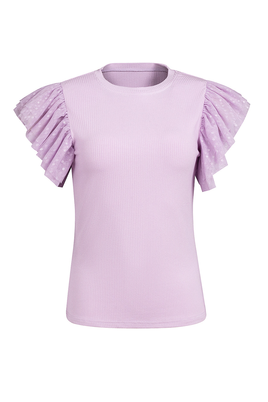 Lavender ribbed blouse with sheer puff sleeves featuring a polka dot pattern.
