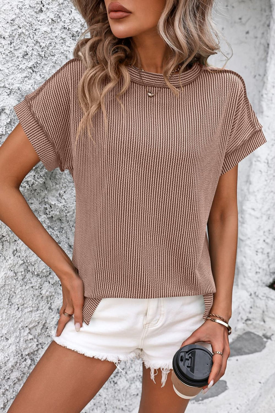 Vertical ribbed tunic with split hem in Dark Gray