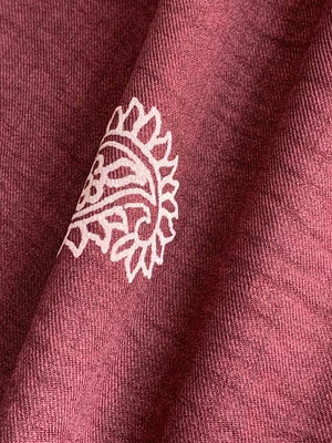 Burgundy maternity joggers with white paisley print detail