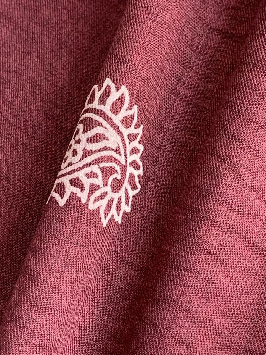 Burgundy maternity joggers with white paisley print detail