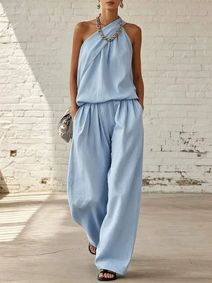 light gray relaxed two-piece set with halter