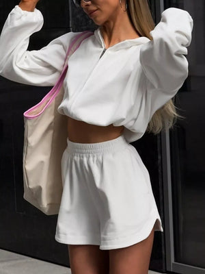 Pink Long Sleeve Zip-up Hoodie And Shorts Set
