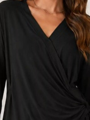 dark purple relaxed wrap top with v-neck