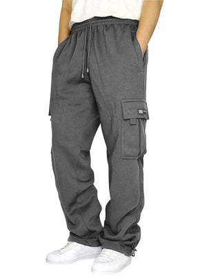 Gray fleece cargo lounge trousers with drawstring waist and side pockets.