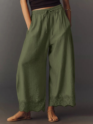 White wide-leg pants with ankle-length and drawstring