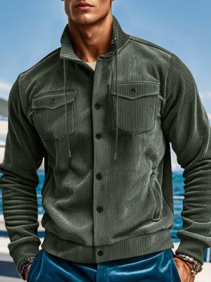 Men's olive green corduroy bomber jacket with button front, chest pockets and drawstring hood.