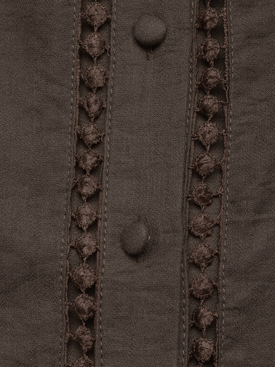 dark brown blouse with lace detail and long sleeve