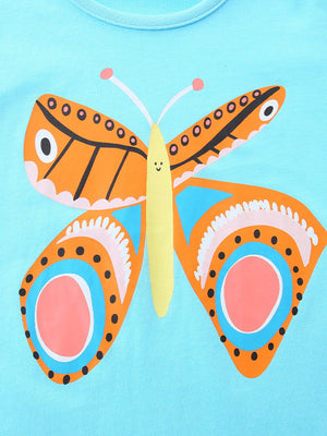 Light blue cotton t-shirt with a colorful butterfly graphic and smiling face.
