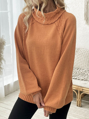 Cable-Knit Turtleneck Long Sleeve Sweater in Cream