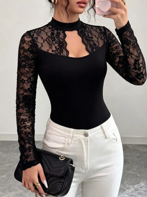 Lace Trim Cutout Front Top in Black