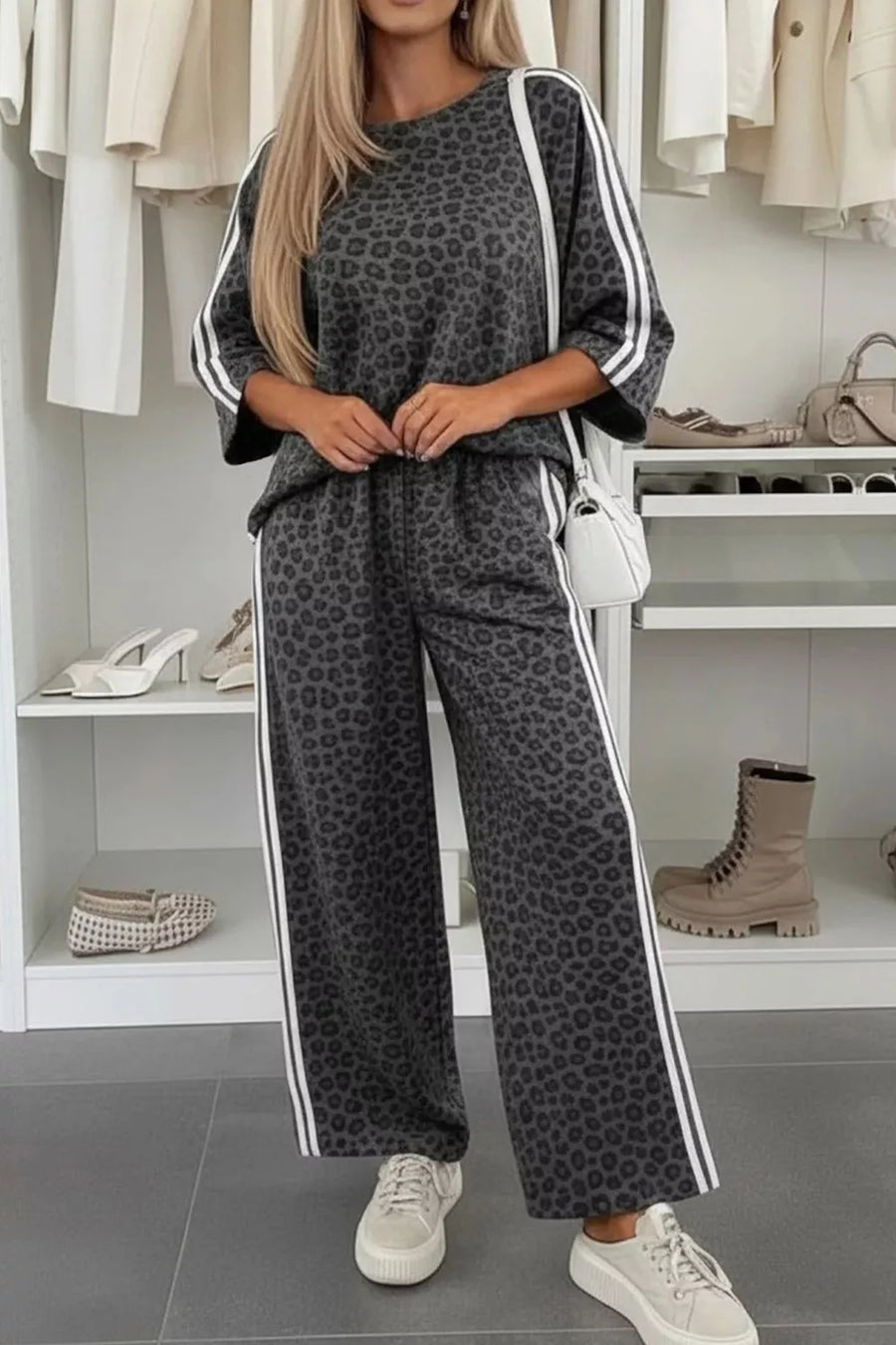 black lounge set featuring pocketed and leopard-print