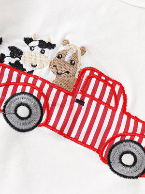 White cotton baby tee with embroidered red striped truck, cow, and horse detail.