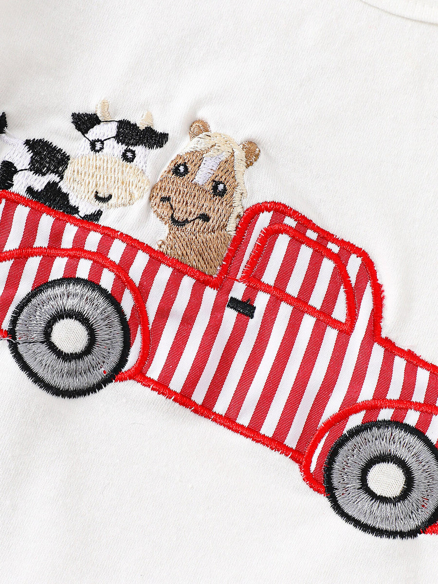 White cotton baby tee with embroidered red striped truck, cow, and horse detail.