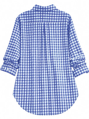 Dark Blue button-down shirt with tunic-length and button-front
