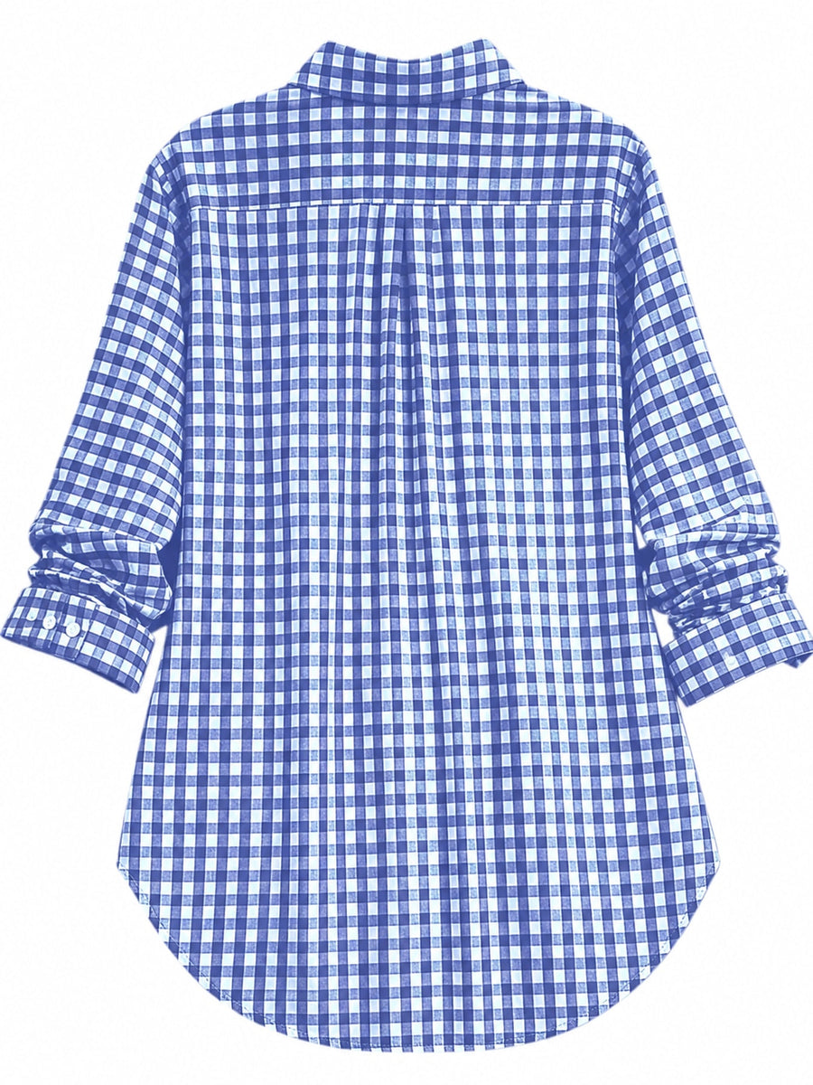 Dark Blue button-down shirt with tunic-length and button-front
