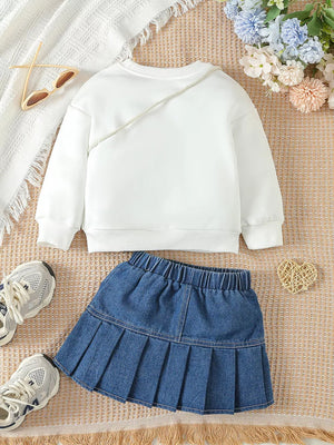 Children's Letter Long Sleeve Top And Denim Skirt Set option 5