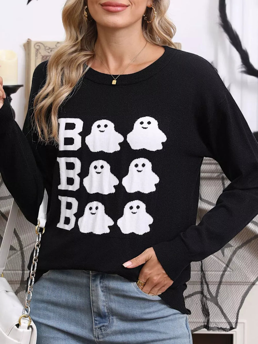 Black crewneck sweater featuring stretch and graphic-print