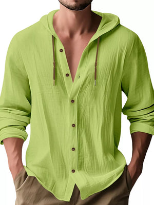 button-up shirt in Denim Blue with hooded and hip-length