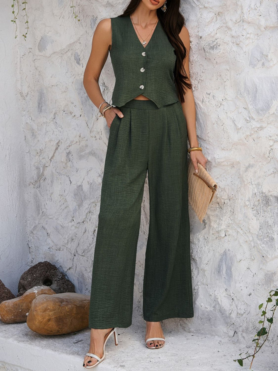 Dark green textured crop vest and wide leg pants set with button detail