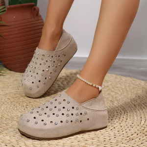 Rhinestone Round Toe Slip-ons in Beige with rhinestone embellishment
