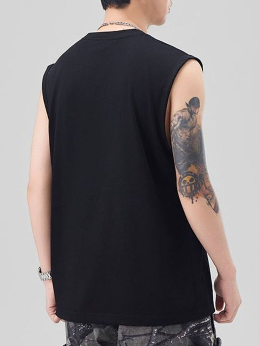 Men's oversized black cotton tank top with crew neck and sleeveless design.