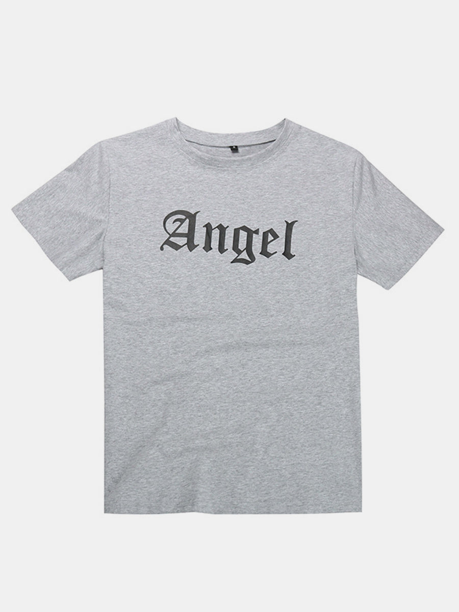 Gray Angel script t-shirt with short sleeves and crew neck.